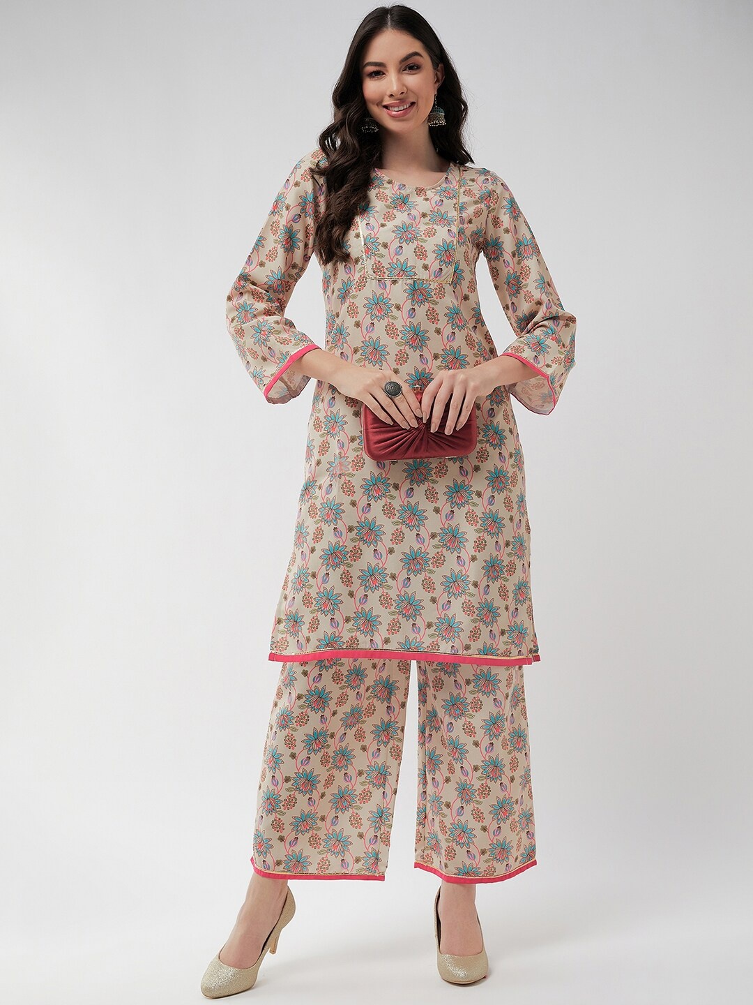 

Pannkh Floral Printed Regular Kurta with Palazzos, Beige