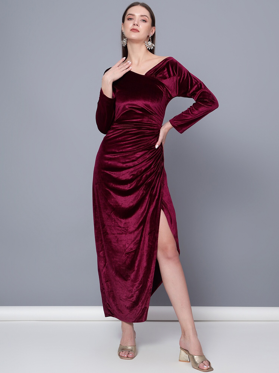 

Golden Kite V-Neck Ruched Velvet Maxi Dress, Maroon