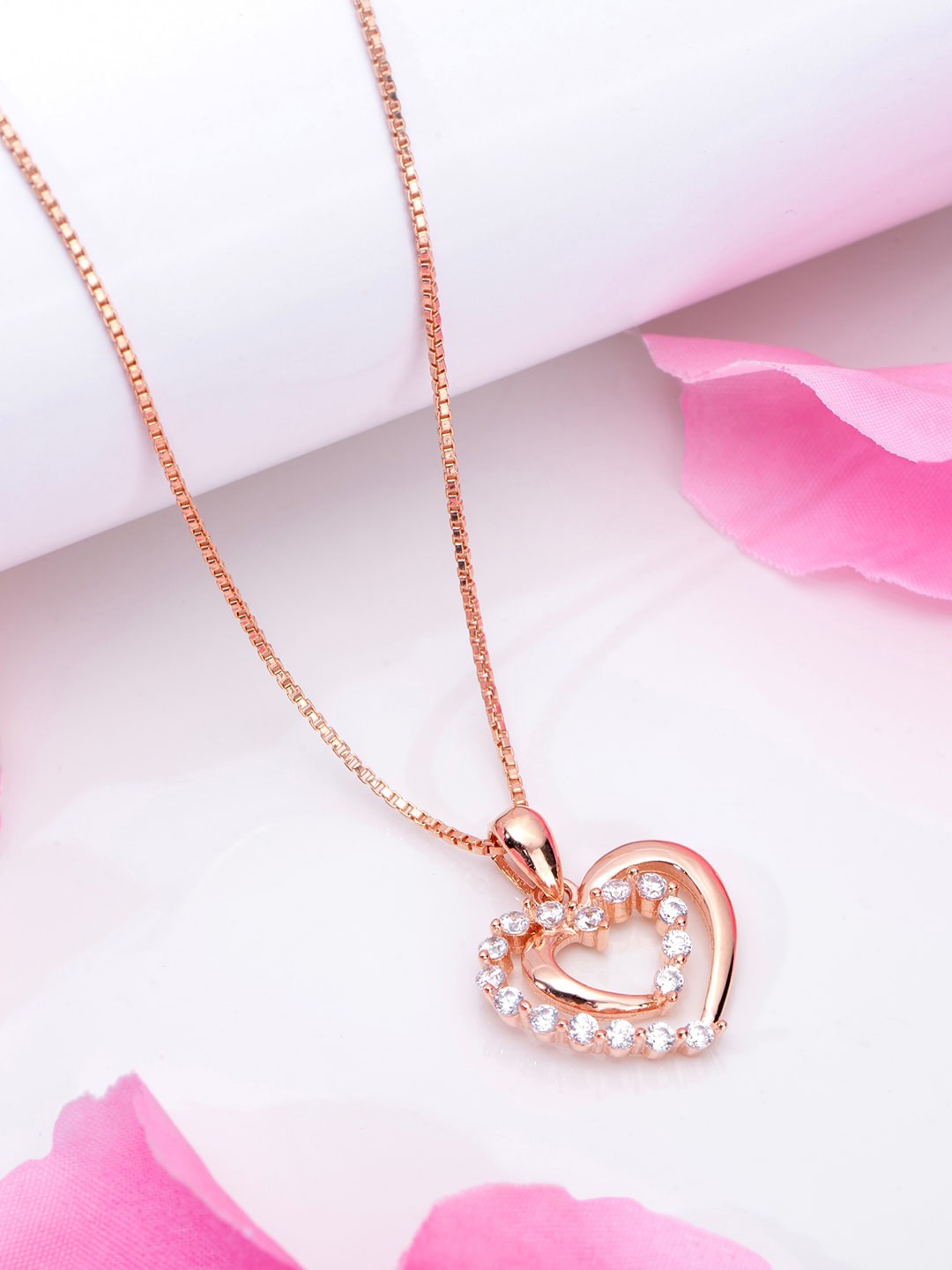 

Zavya Rose Gold-Plated 92.5 Sterling Silver Cubic Zirconia Studded Pendant with Chain