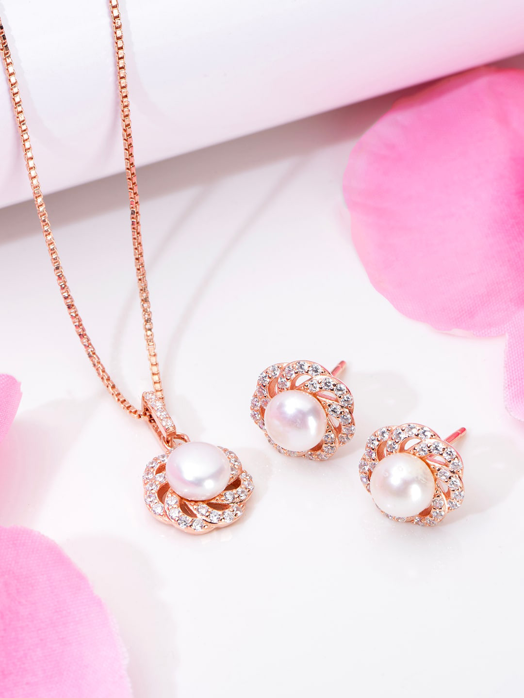 

Zavya Rose Gold-Plated 92.5 Sterling Silver Pearl Beaded Floral Jewellery Set
