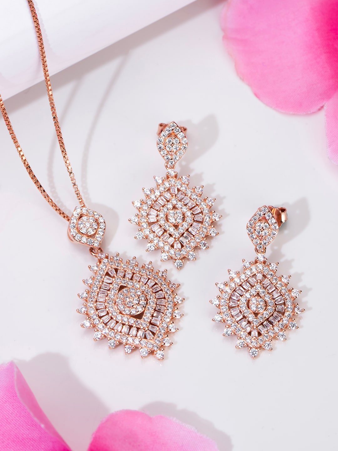 

Zavya Rose Gold-Plated 92.5 Sterling Silver Cubic Zirconia-Studded Jewellery Set