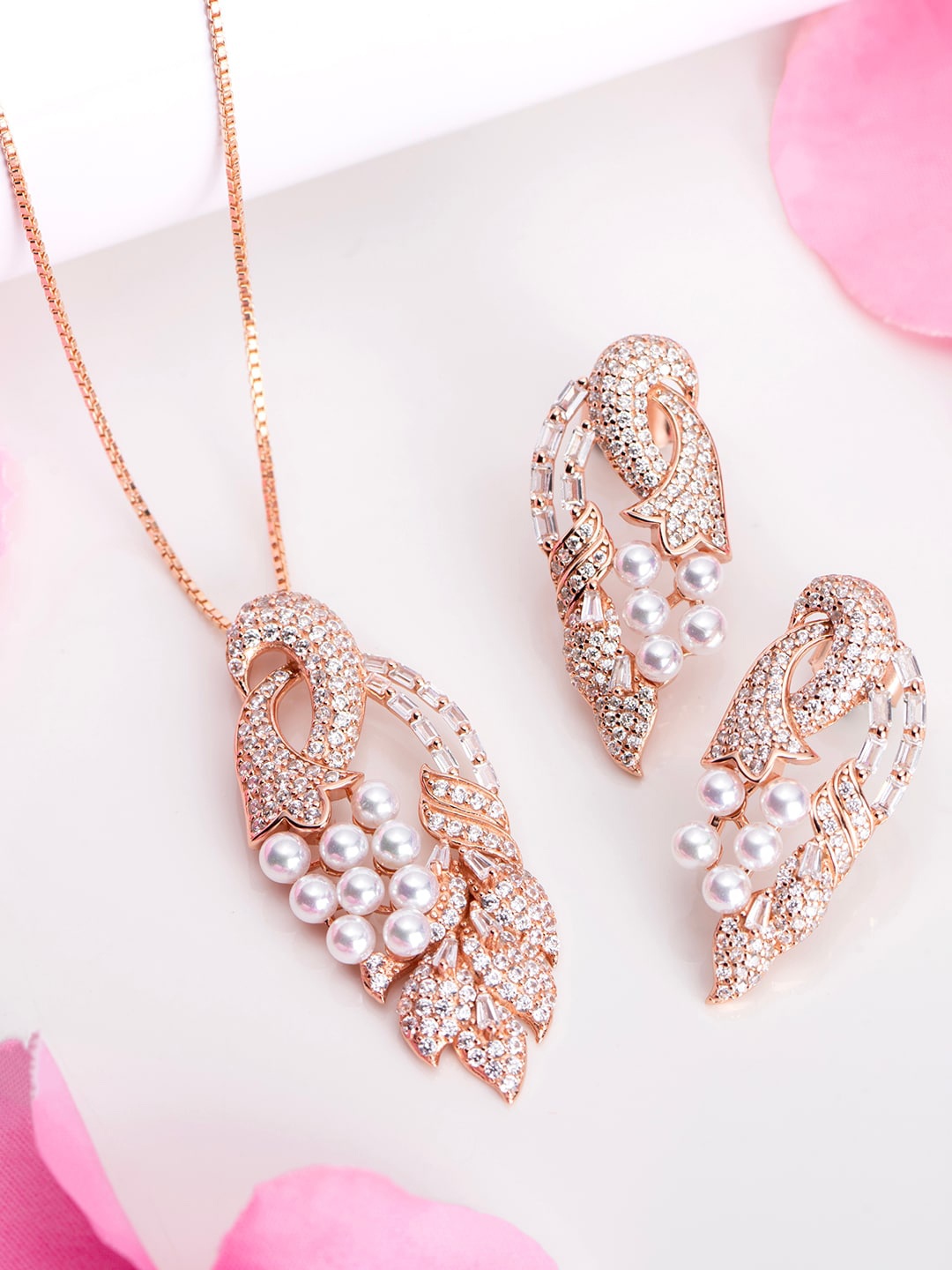 

Zavya Rose Gold-Plated 92.5 Sterling Silver Cubic Zirconia-Studded & Beaded Jewellery Set