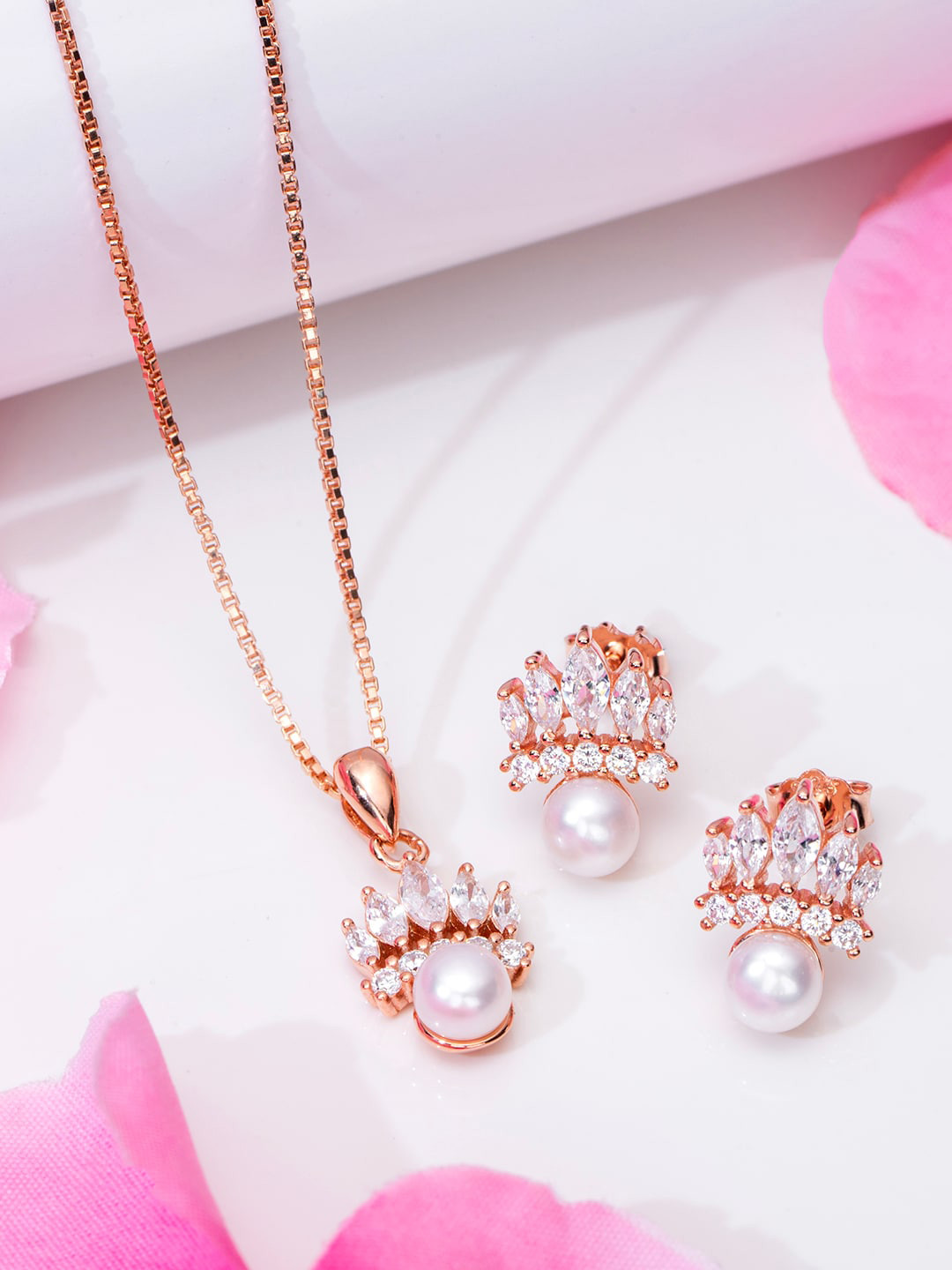 

Zavya Rose Gold-Plated 92.5 Sterling Silver Cubic Zirconia-Studded & Beaded Jewellery Set