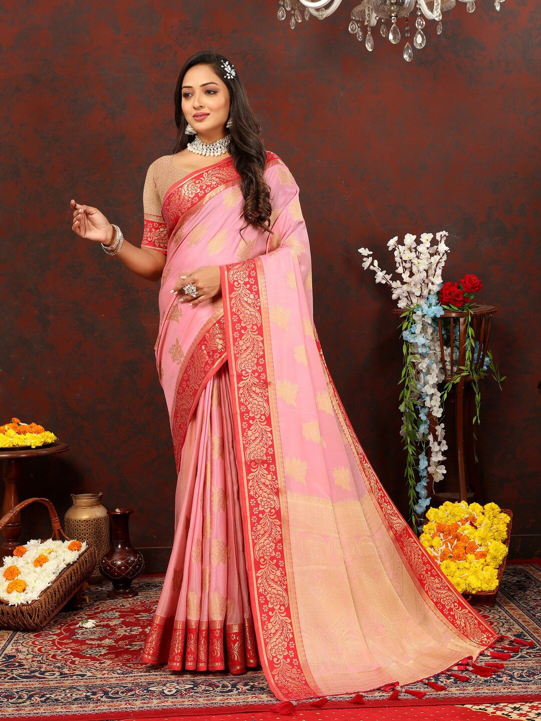 

KAPADIYA FAB Ethnic Motifs Woven Design Zari Organza Kanjeevaram Saree, Pink