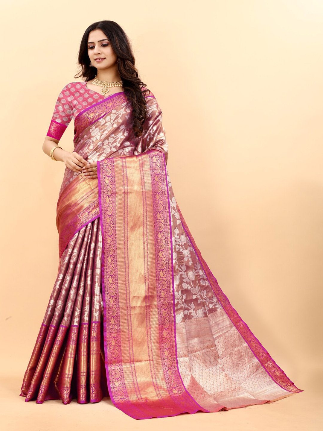 

KAPADIYA FAB Woven Design Zari Organza Kanjeevaram Saree, Maroon