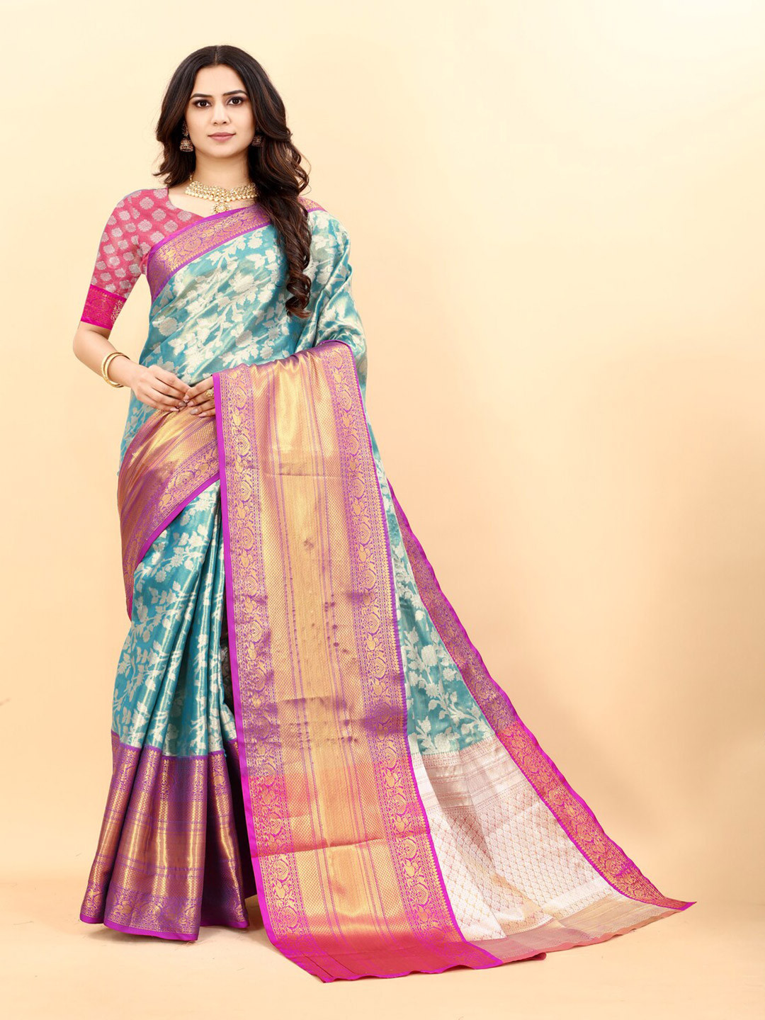 

KAPADIYA FAB Ethnic Motifs Zari Organza Kanjeevaram Saree, Blue