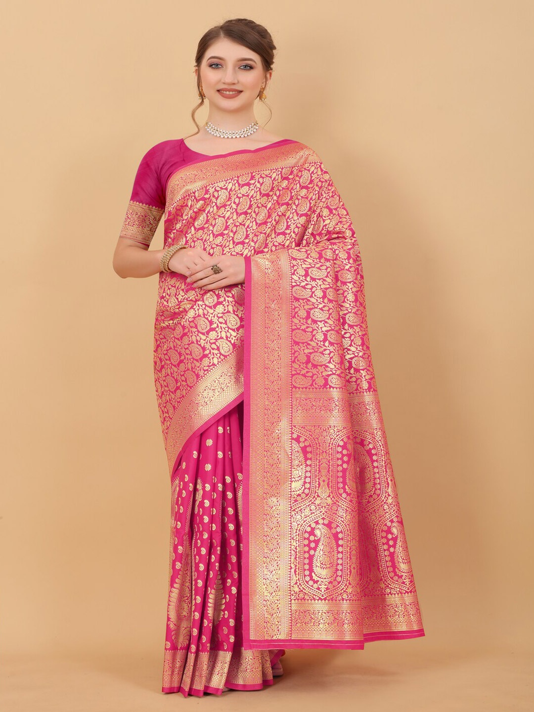

KAPADIYA FAB Ethnic Motifs Zari Pure Silk Banarasi Saree, Pink