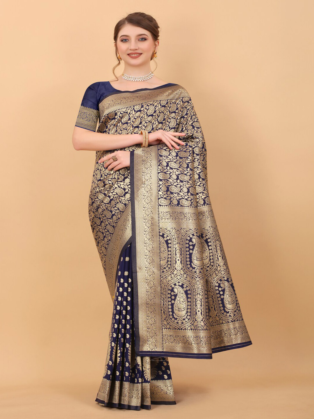

KAPADIYA FAB Woven Design Zari Pure Silk Banarasi Saree, Navy blue