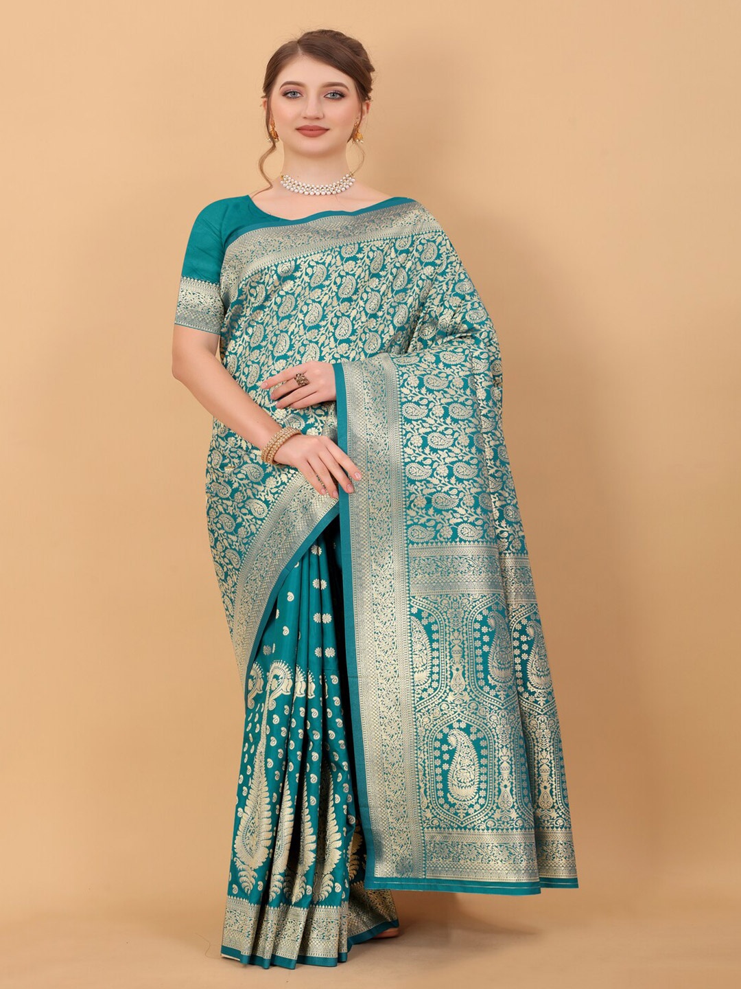 

KAPADIYA FAB Ethnic Motifs Zari Pure Silk Banarasi Saree, Green
