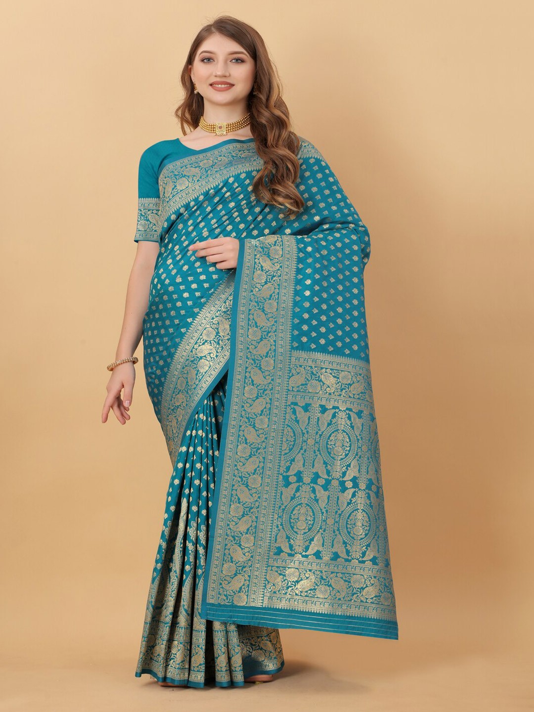 

KAPADIYA FAB Ethnic Printed Zari Pure Silk Banarasi Saree, Blue
