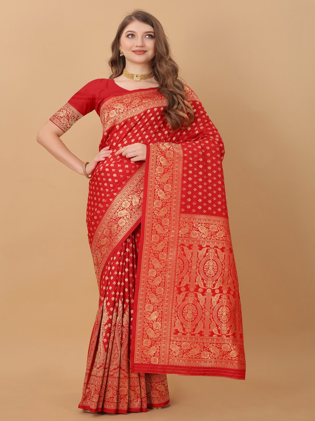 

KAPADIYA FAB Ethnic Motifs Woven Design Zari Pure Silk Banarasi Saree, Red