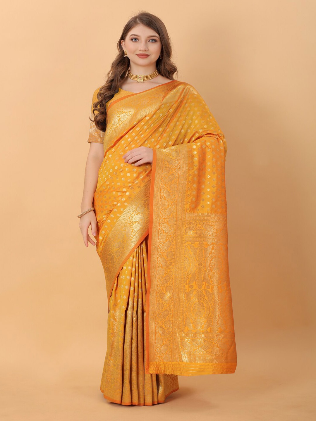 

KAPADIYA FAB Ethnic Motifs Woven Design Zari Pure Silk Banarasi Saree, Yellow
