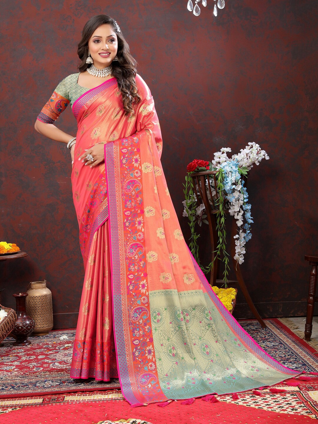 

KAPADIYA FAB Woven Design Zari Organza Banarasi Saree with Tassels, Peach