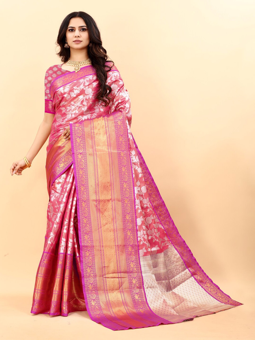 

KAPADIYA FAB Ethnic Printed Zari Organza Kanjeevaram Saree, Pink