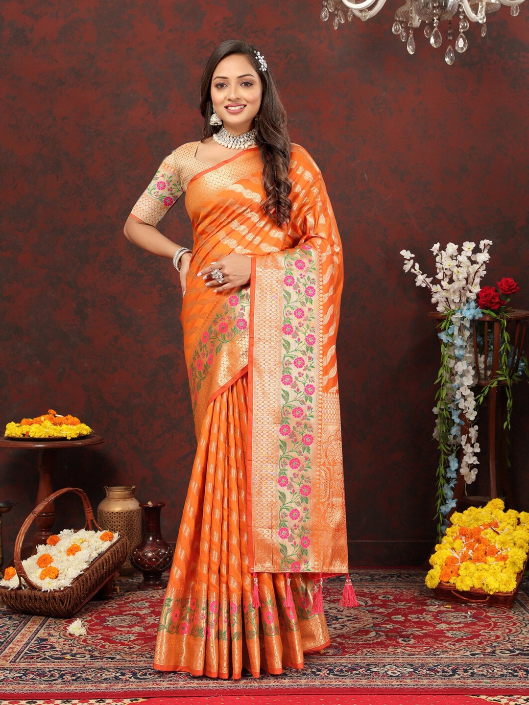 

KAPADIYA FAB Striped Zari Organza Kanjeevaram Saree with Tassels, Orange