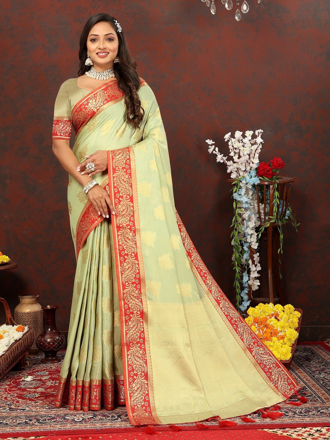 

KAPADIYA FAB Ethnic Motifs Zari Organza Kanjeevaram Saree, Green