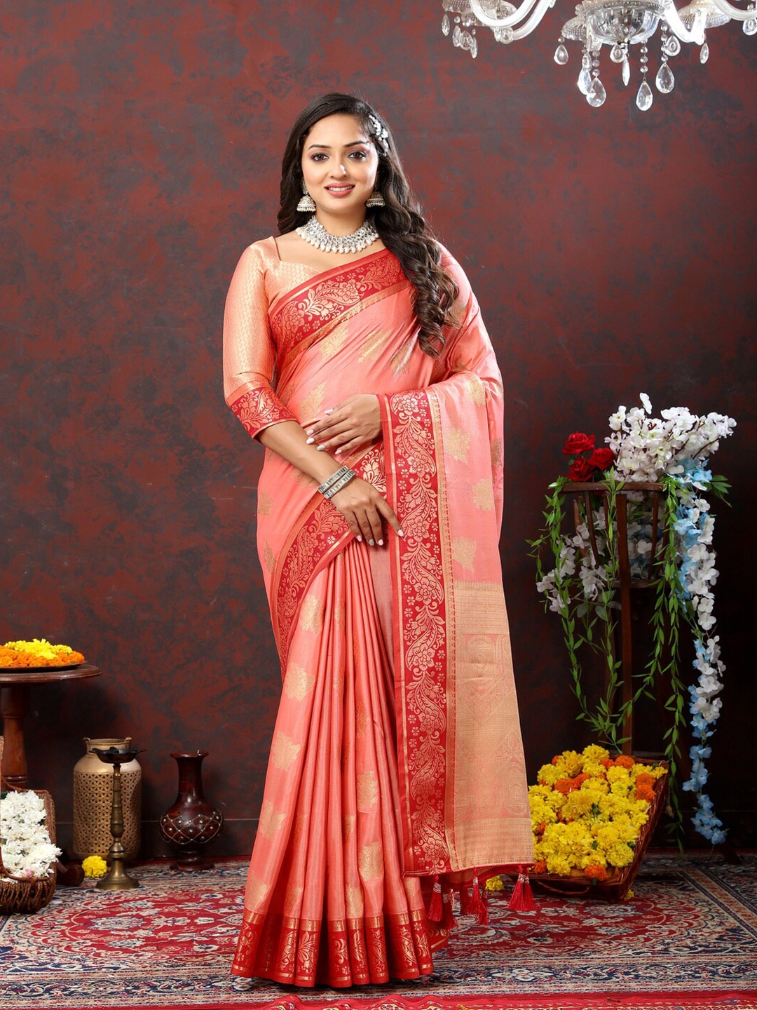 

KAPADIYA FAB Ethnic Printed Zari Organza Kanjeevaram Saree with Tassels, Peach