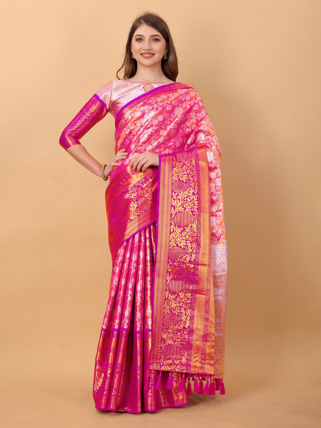 

KAPADIYA FAB Floral Zari Organza Kanjeevaram Saree, Pink