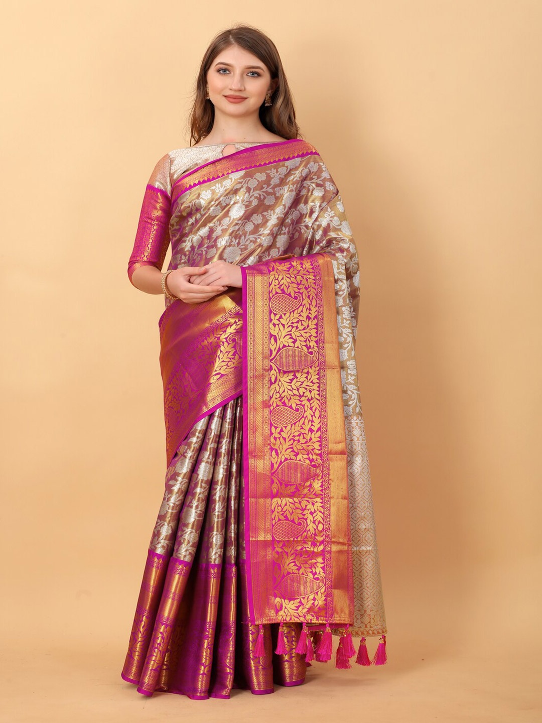 

KAPADIYA FAB Woven Design Zari Organza Kanjeevaram Saree, Maroon