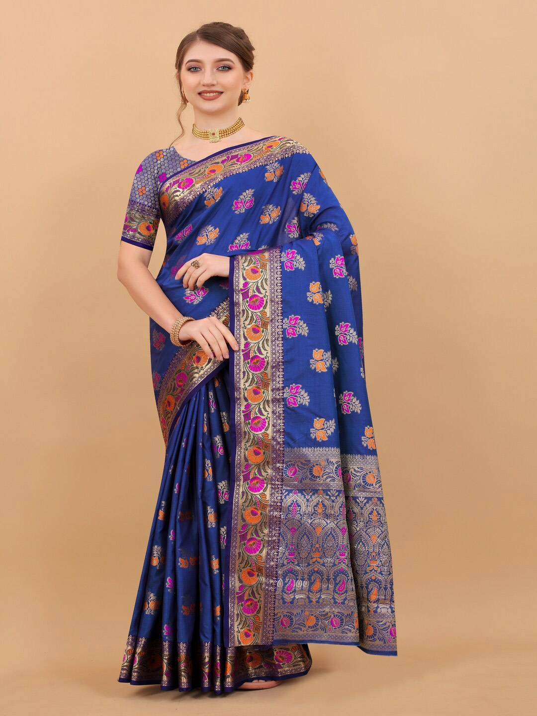 

KAPADIYA FAB Ethnic Motifs Zari Pure Silk Banarasi Saree, Navy blue