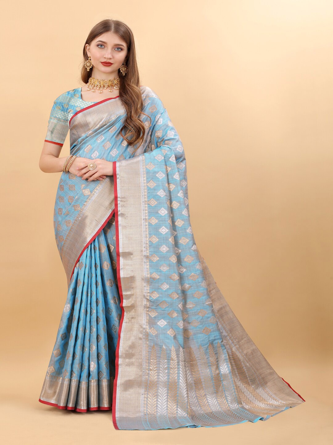 

KAPADIYA FAB Ethnic Motifs Zari Silk Cotton Banarasi Saree, Blue