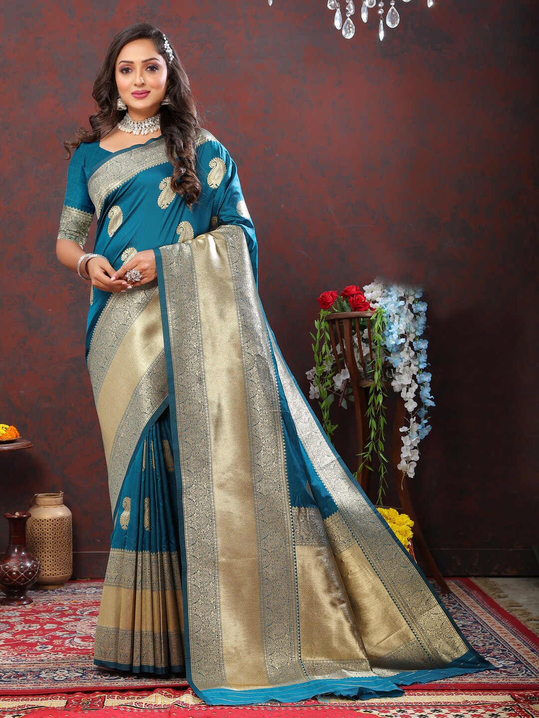 

KAPADIYA FAB Ethnic Motifs Zari Pure Silk Banarasi Saree, Teal