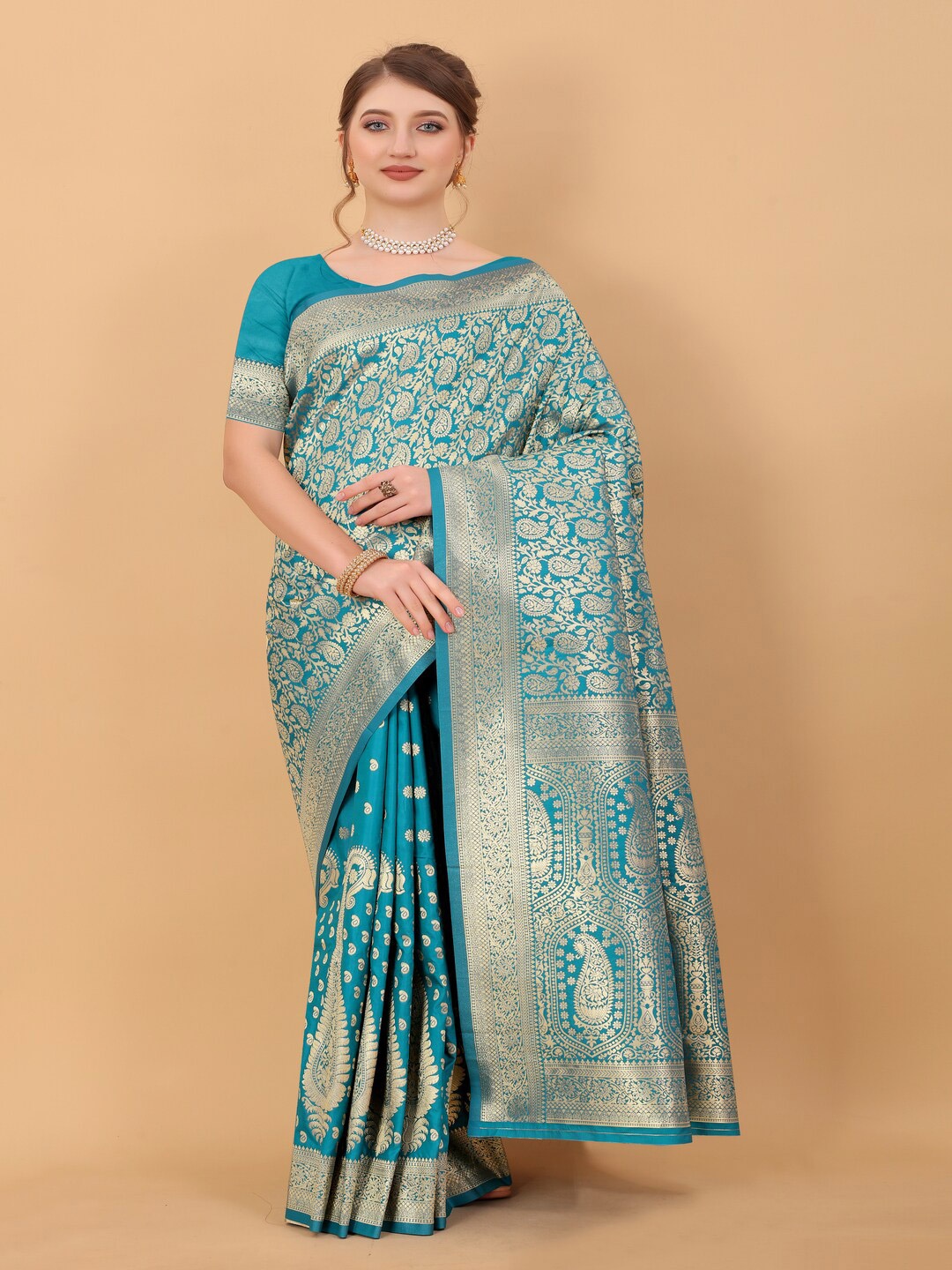 

KAPADIYA FAB Ethnic Printed Zari Pure Silk Banarasi Saree, Blue