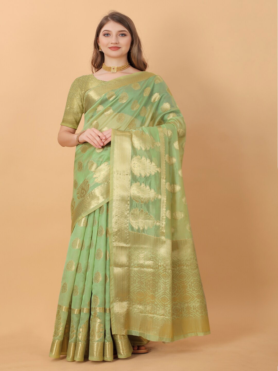

KAPADIYA FAB Woven Design Zari Organza Banarasi Saree, Green