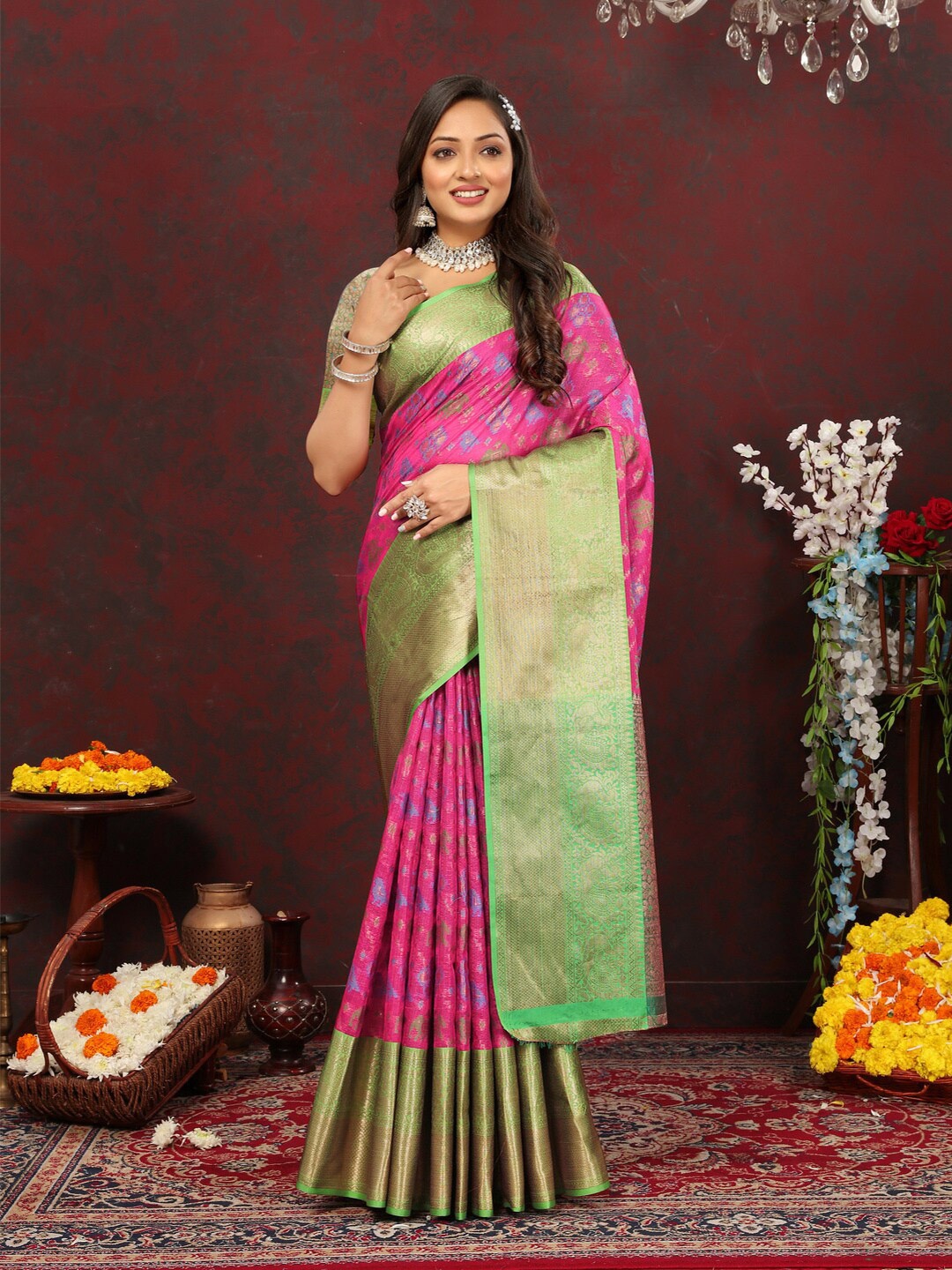 

KAPADIYA FAB Woven Design Zari Organza Kanjeevaram Saree, Pink