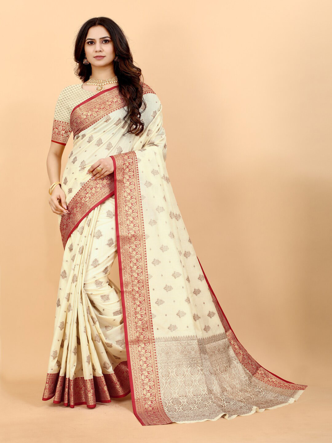 

KAPADIYA FAB Ethnic Motifs Woven Design Zari Banarasi Saree, Cream
