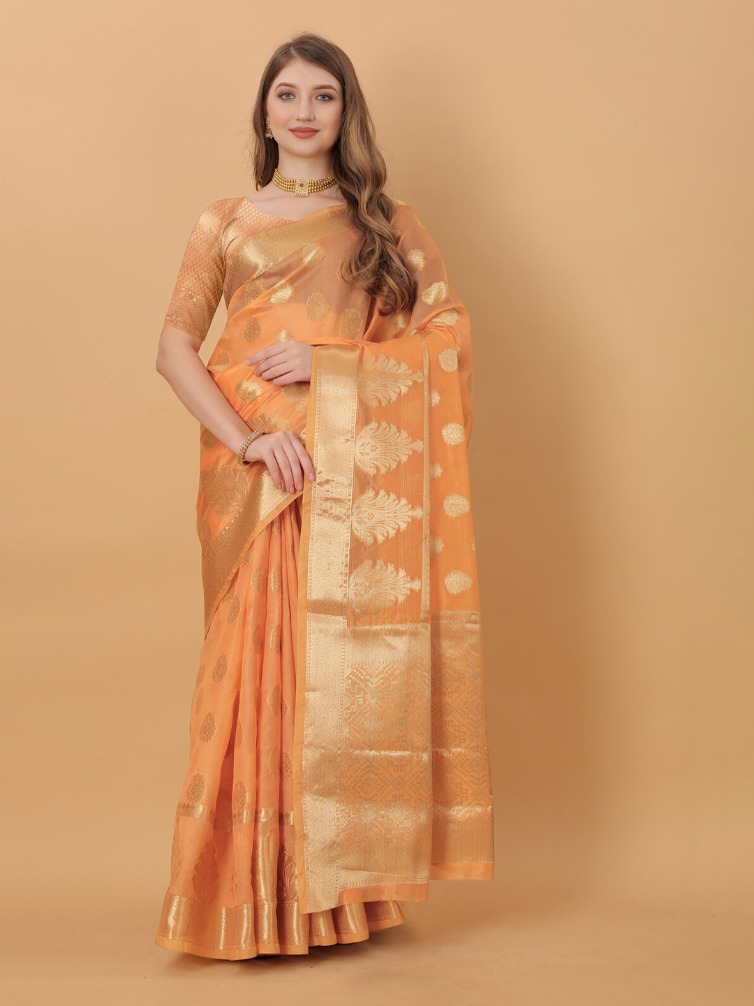 

KAPADIYA FAB Ethnic Motifs Zari Organza Banarasi Saree, Orange
