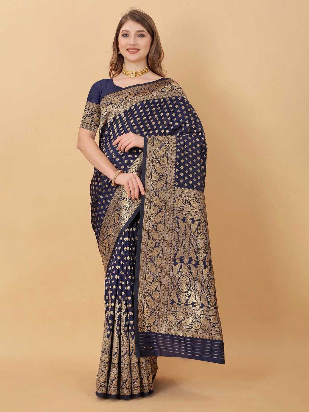 

KAPADIYA FAB Ethnic Printed Zari Pure Silk Banarasi Saree, Navy blue