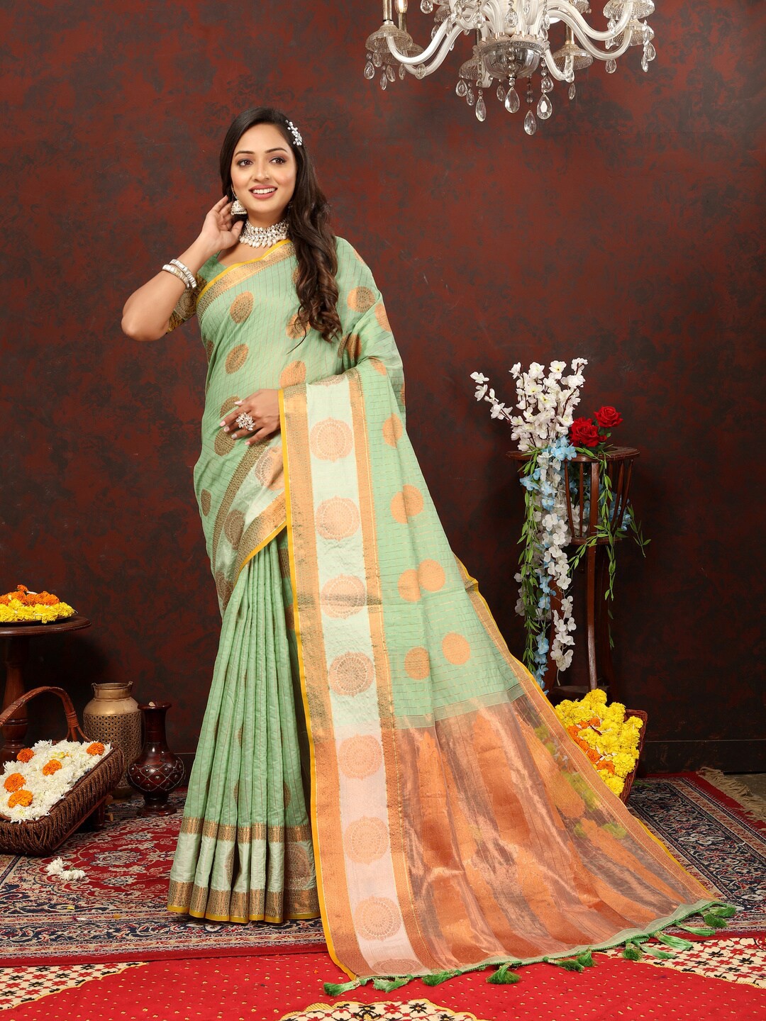 

KAPADIYA FAB Ethnic Printed Zari Silk Cotton Kanjeevaram Saree with Tassels, Green