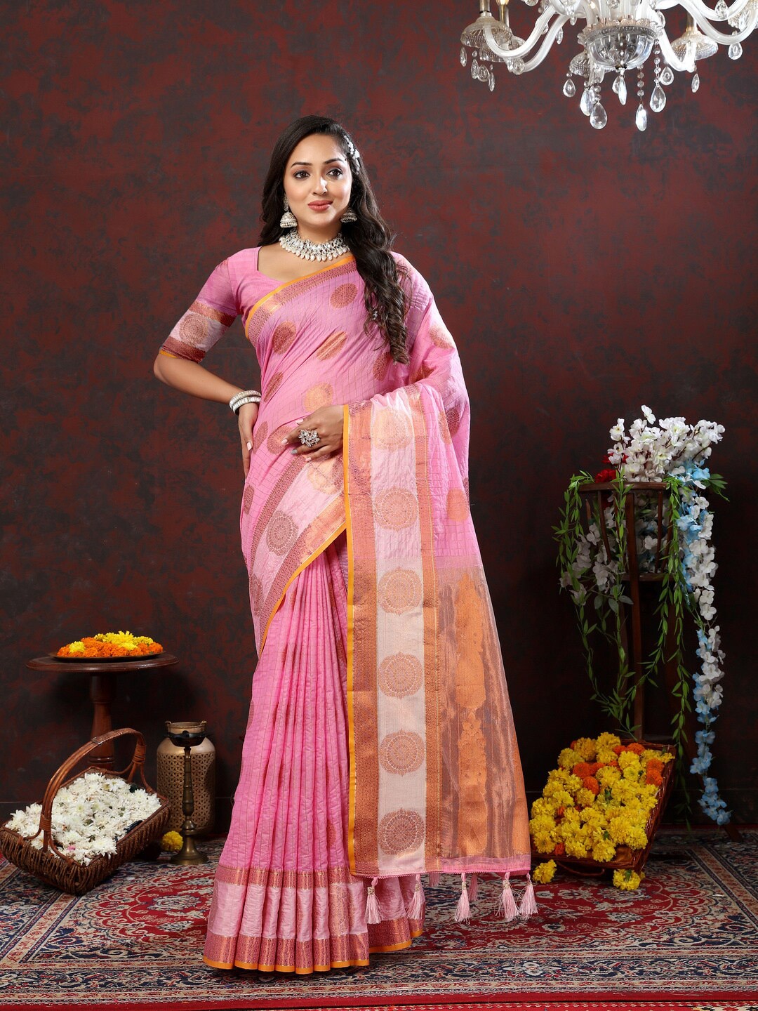 

KAPADIYA FAB Ethnic Motifs Woven Design Zari Kanjeevaram Saree, Pink