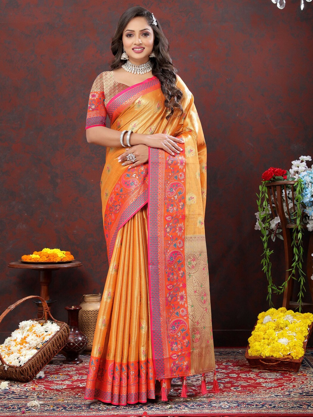 

KAPADIYA FAB Ethnic Printed Zari Organza Banarasi Saree with Tassels, Gold