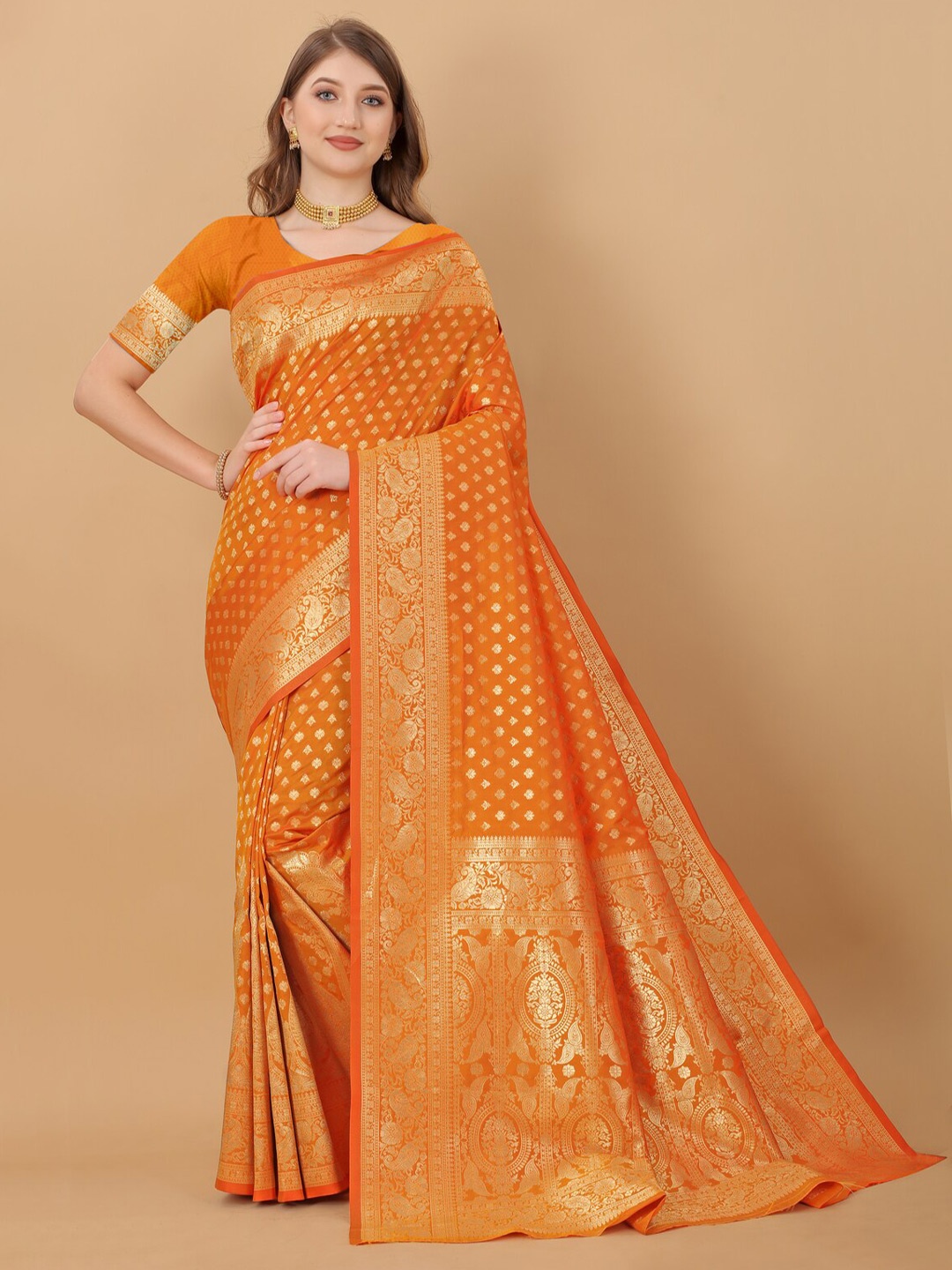 

KAPADIYA FAB Ethnic Motifs Zari Pure Silk Banarasi Saree, Orange