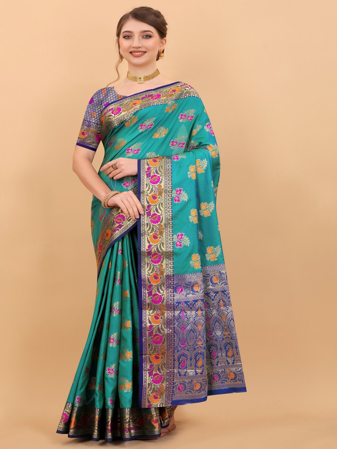 

KAPADIYA FAB Ethnic Motifs Zari Pure Silk Banarasi Saree, Teal