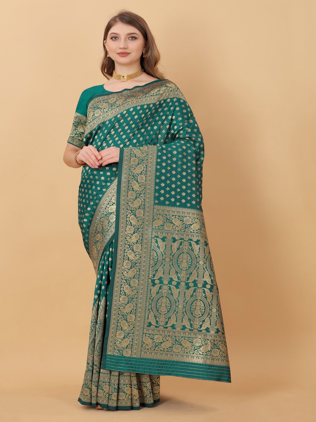 

KAPADIYA FAB Ethnic Motifs Zari Pure Silk Banarasi Saree, Green