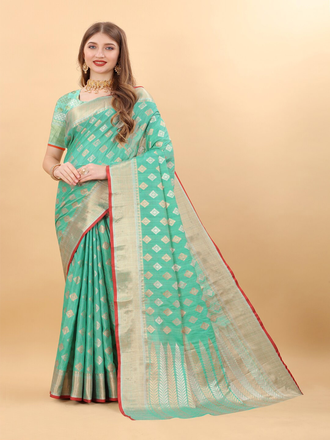 

KAPADIYA FAB Woven Design Ethnic Motifs Zari Silk Cotton Banarasi Saree, Teal