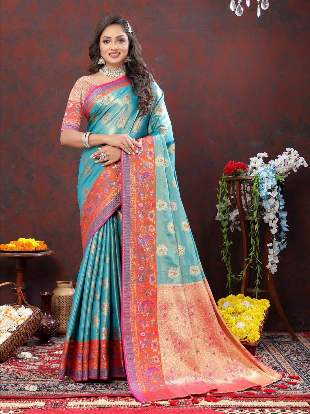 

KAPADIYA FAB Ethnic Motifs Zari Organza Banarasi Saree, Blue