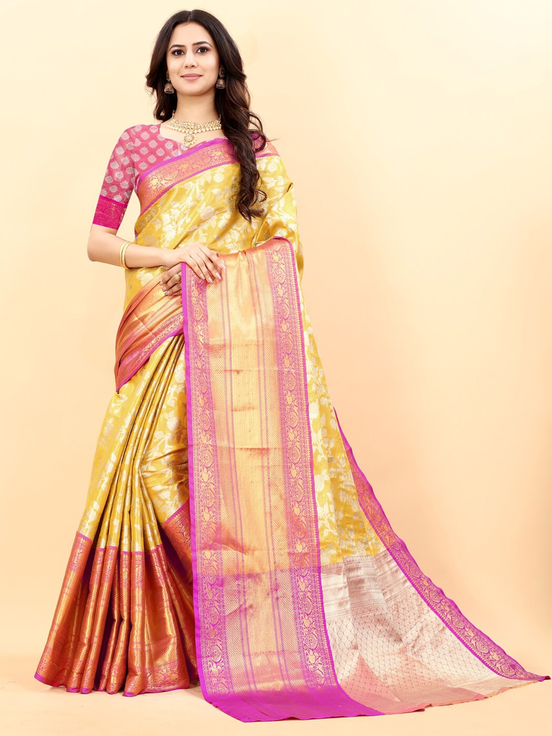 

KAPADIYA FAB Ethnic Printed Zari Organza Kanjeevaram Saree, Yellow