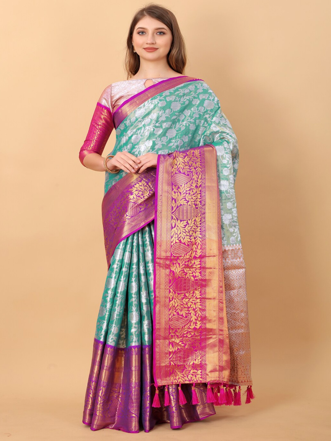 

KAPADIYA FAB Floral Woven Design Zari Organza Kanjeevaram Saree, Blue