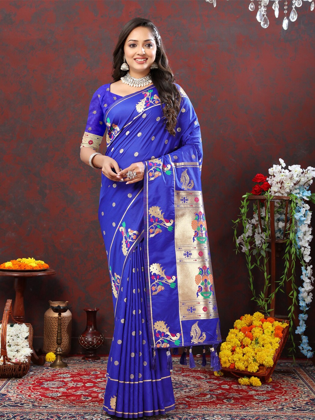 

KAPADIYA FAB Ethnic Motifs Woven Design Zari Pure Silk Paithani Saree, Blue