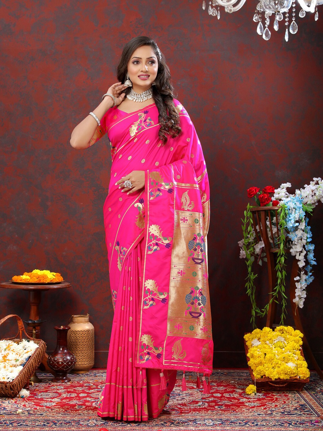 

KAPADIYA FAB Ethnic Printed Zari Pure Silk Paithani Saree with Tassels, Pink