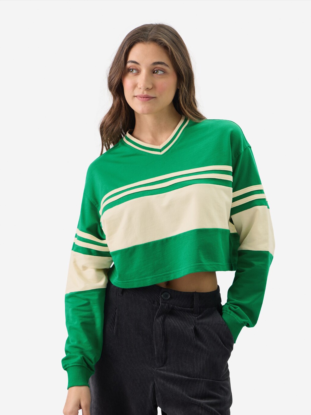 

The Souled Store Green Striped V-Neck Oversized Pure Cotton Crop T-shirt