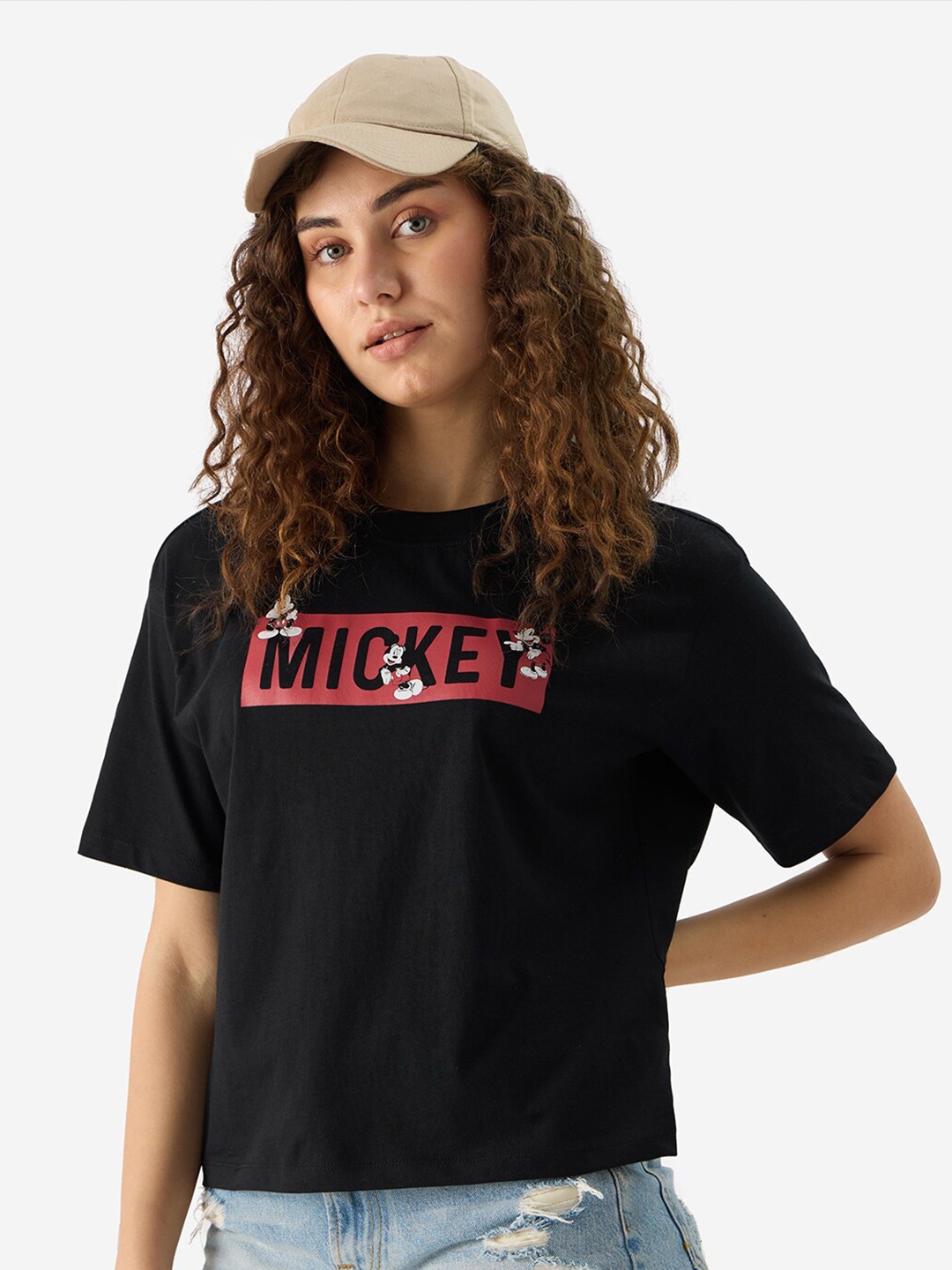 The Souled Store Black Mickey Mouse Printed Oversized Pure Cotton T-shirt