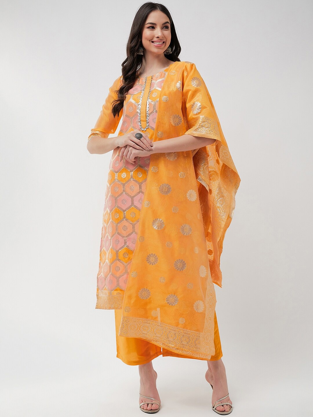

Pannkh Ethnic Motifs Art Silk Regular Kurta with Palazzos & Dupatta, Yellow