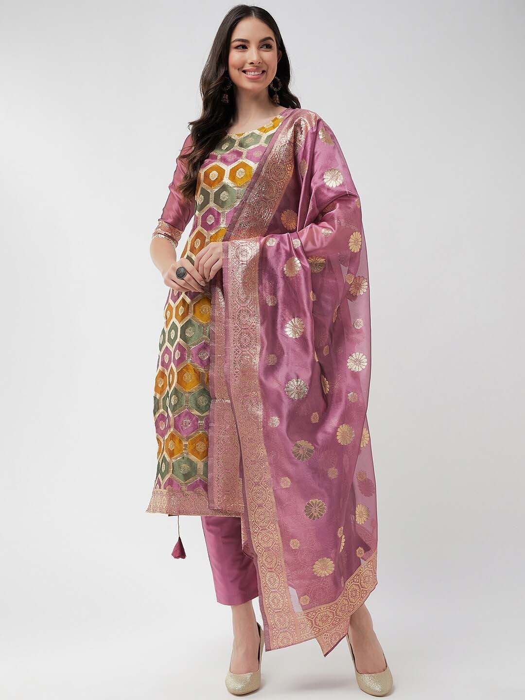 

Pannkh Ethnic Motifs Regular Kurta With Palazzos & Dupatta, Pink