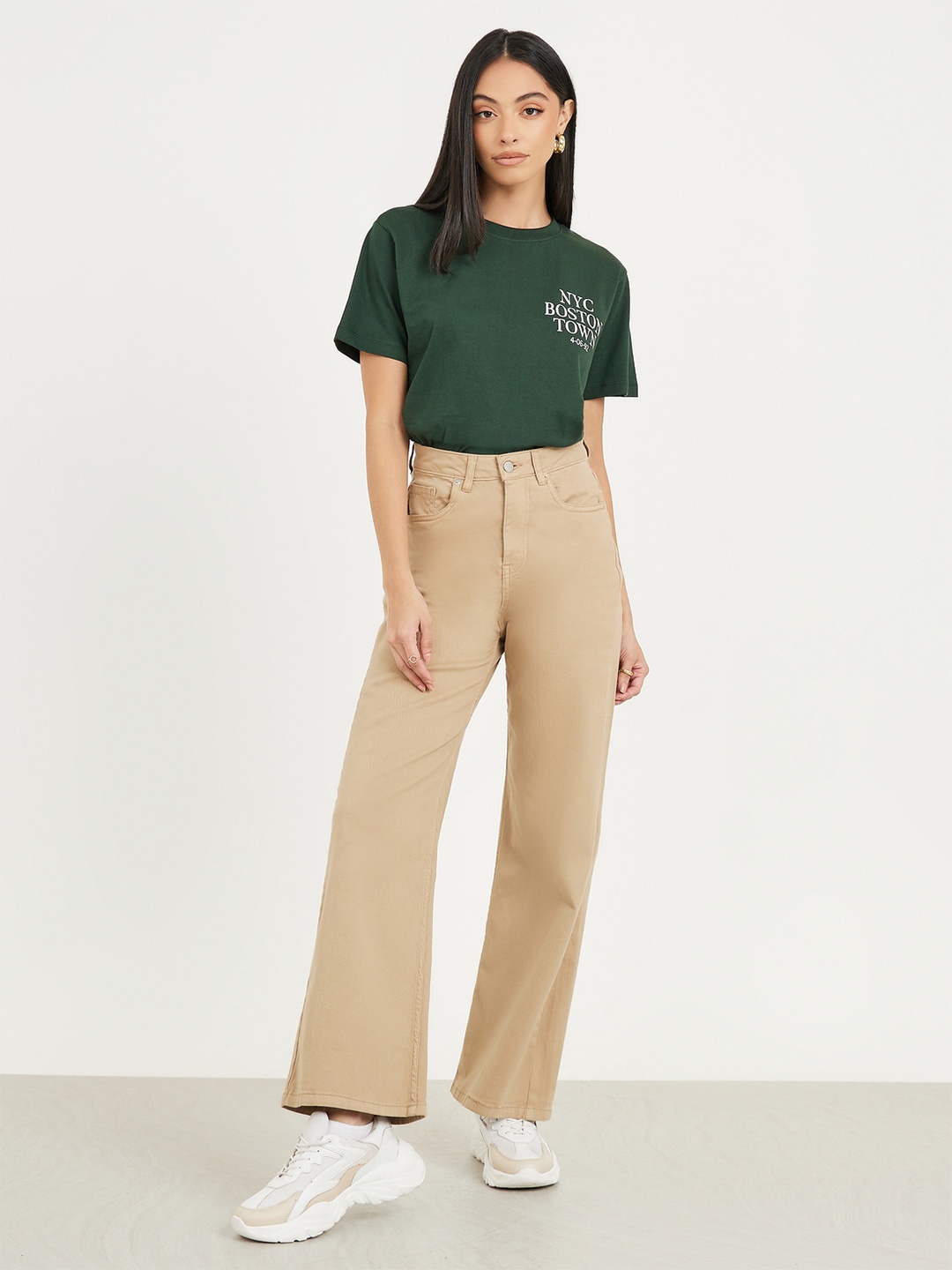 Styli Green Typography Printed Drop-Shoulder Sleeves Pure Cotton T-shirt
