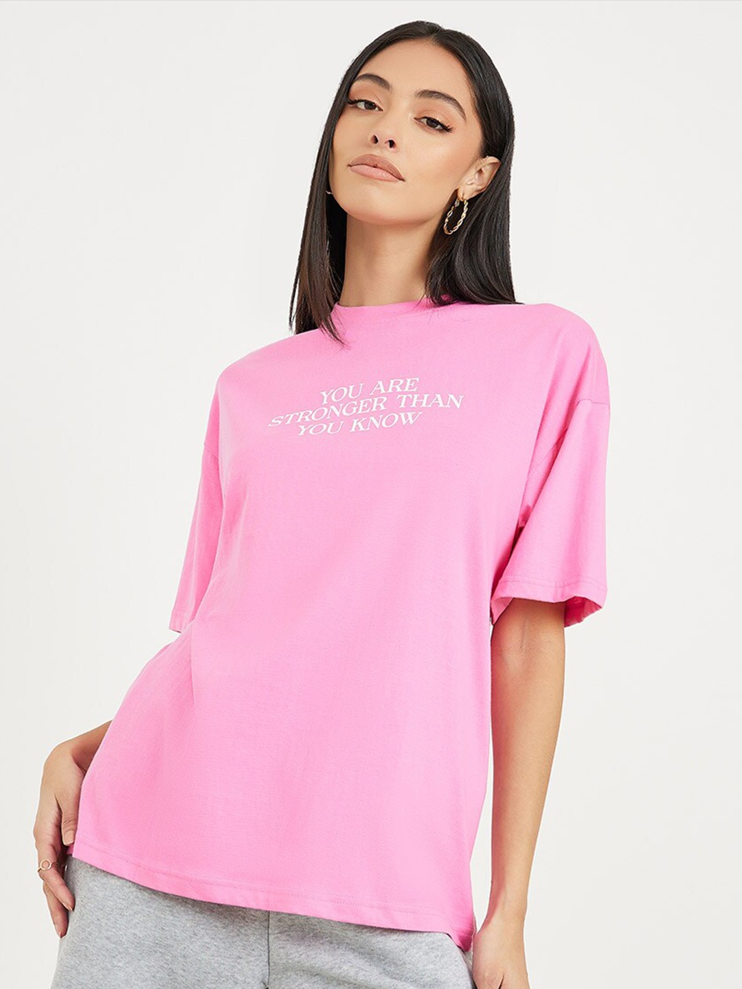 

Styli Typography Drop-Shoulder Sleeves Pure Cotton Oversized T-shirt, Pink